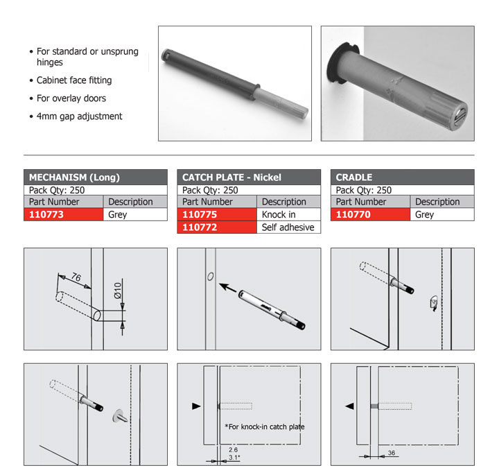 Hinges & Lift Systems - Push Open Mechanism Long - From NEY